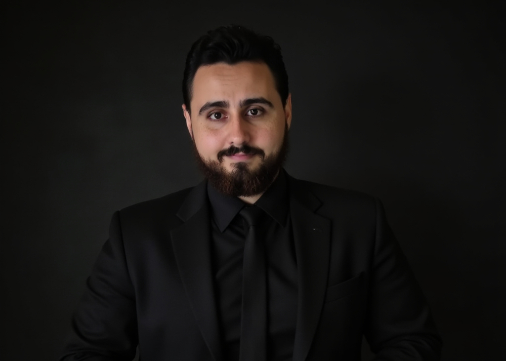 Portrait of Claudio Schuster, a psychologist-led web designer in a black suit against a dark background, representing the founder of Cognizant Studio