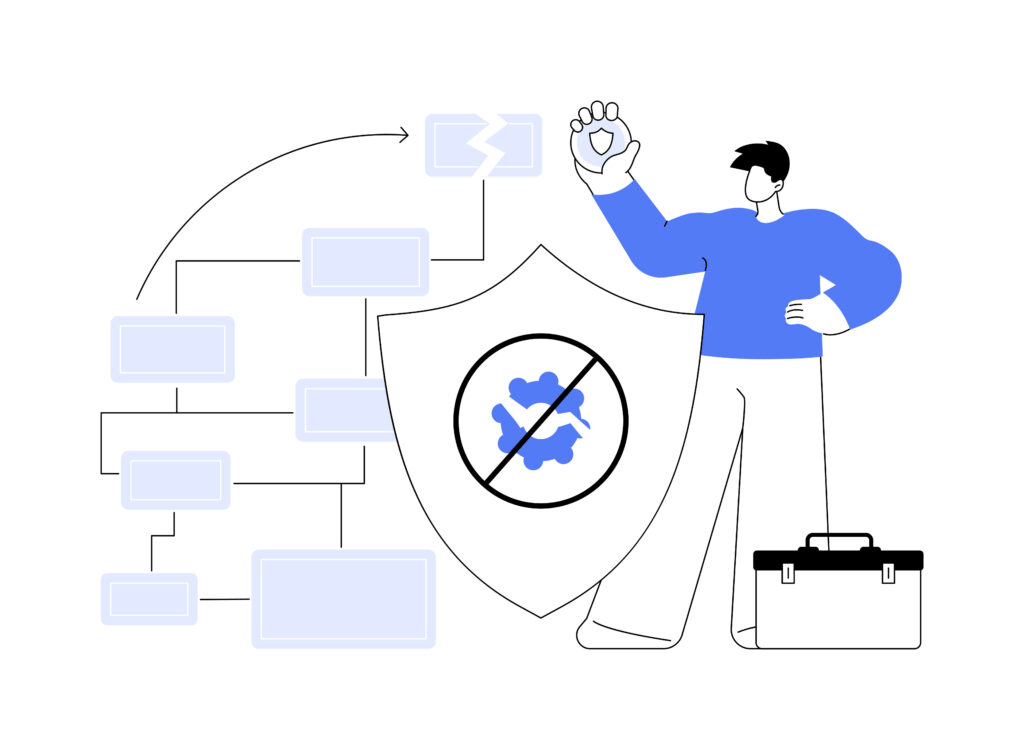 Illustration of a professional holding a shield with a blocked bug icon, representing security protocols that protect therapy website data