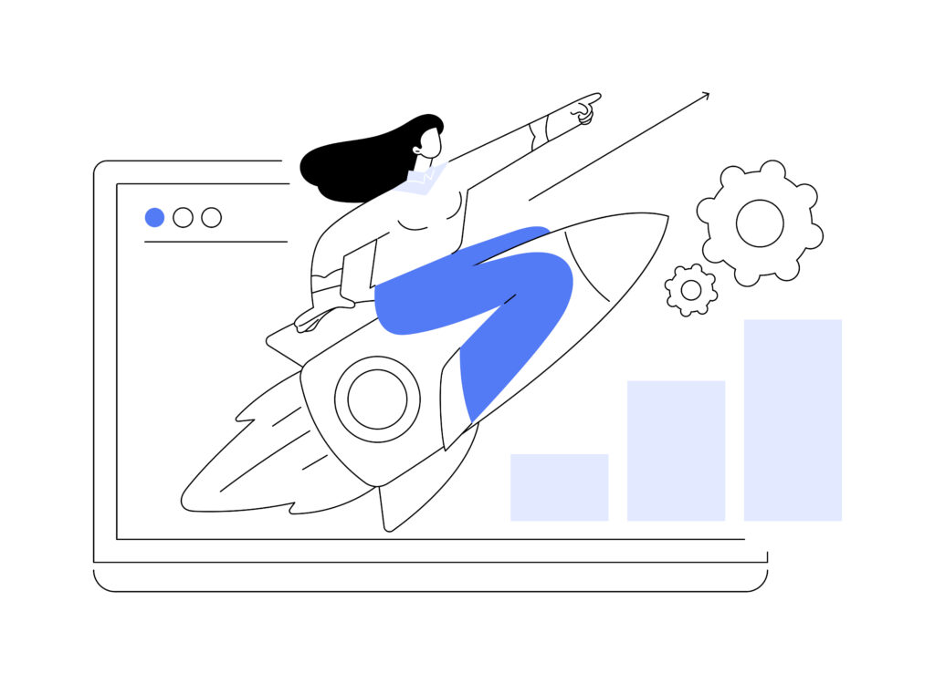 Illustration of a woman riding a rocket in front of a browser window, symbolizing fast site performance for therapist websites